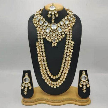 Ishhaara Gold Big Kundan Long And Short Necklace Earring And Teeka Set