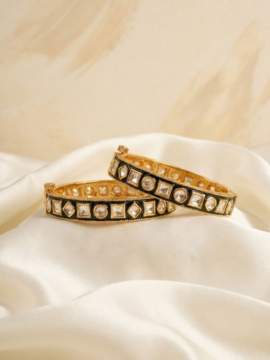 Ishhaara Gold Finish Black Kundan Polki Bangles