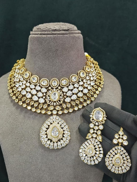 Ishhaara Gold Finish Elegant Moissanite Polki Kundan Necklace Set
