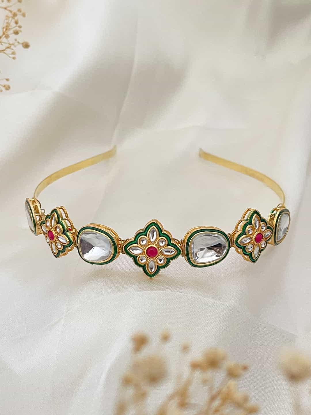 Ishhaara Gold Finish Emerald Stone And Kundan Polki Hairband