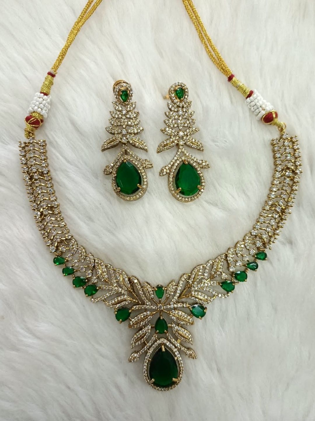 Ishhaara Gold Finish Green Diamond Necklace Set