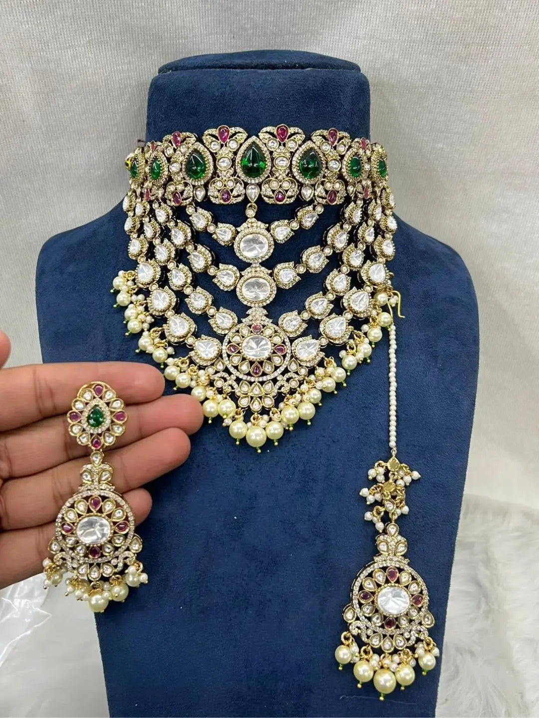 Ishhaara Gold Finish Green Kundan Polki Necklace Set