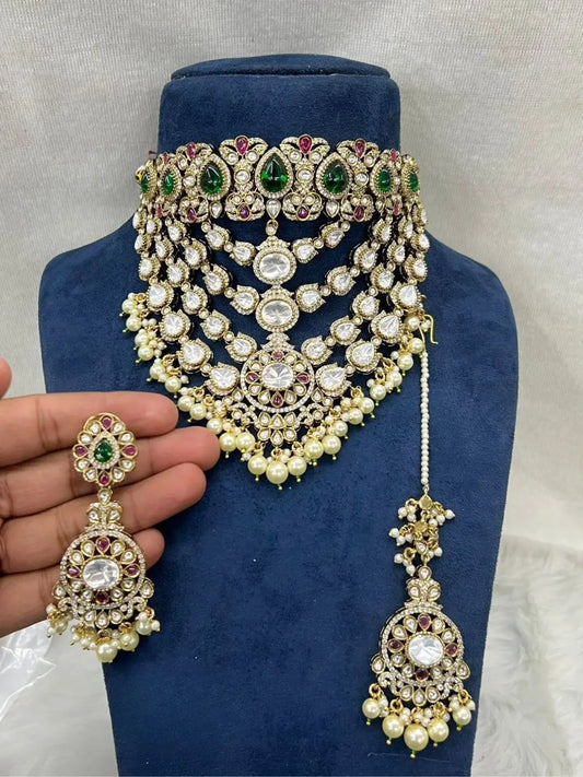 Ishhaara Gold Finish Green Kundan Polki Necklace Set