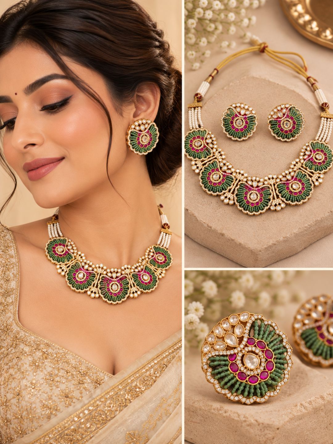 Ishhaara Gold Finish Green Kundan Polki Temple Choker Necklace Set