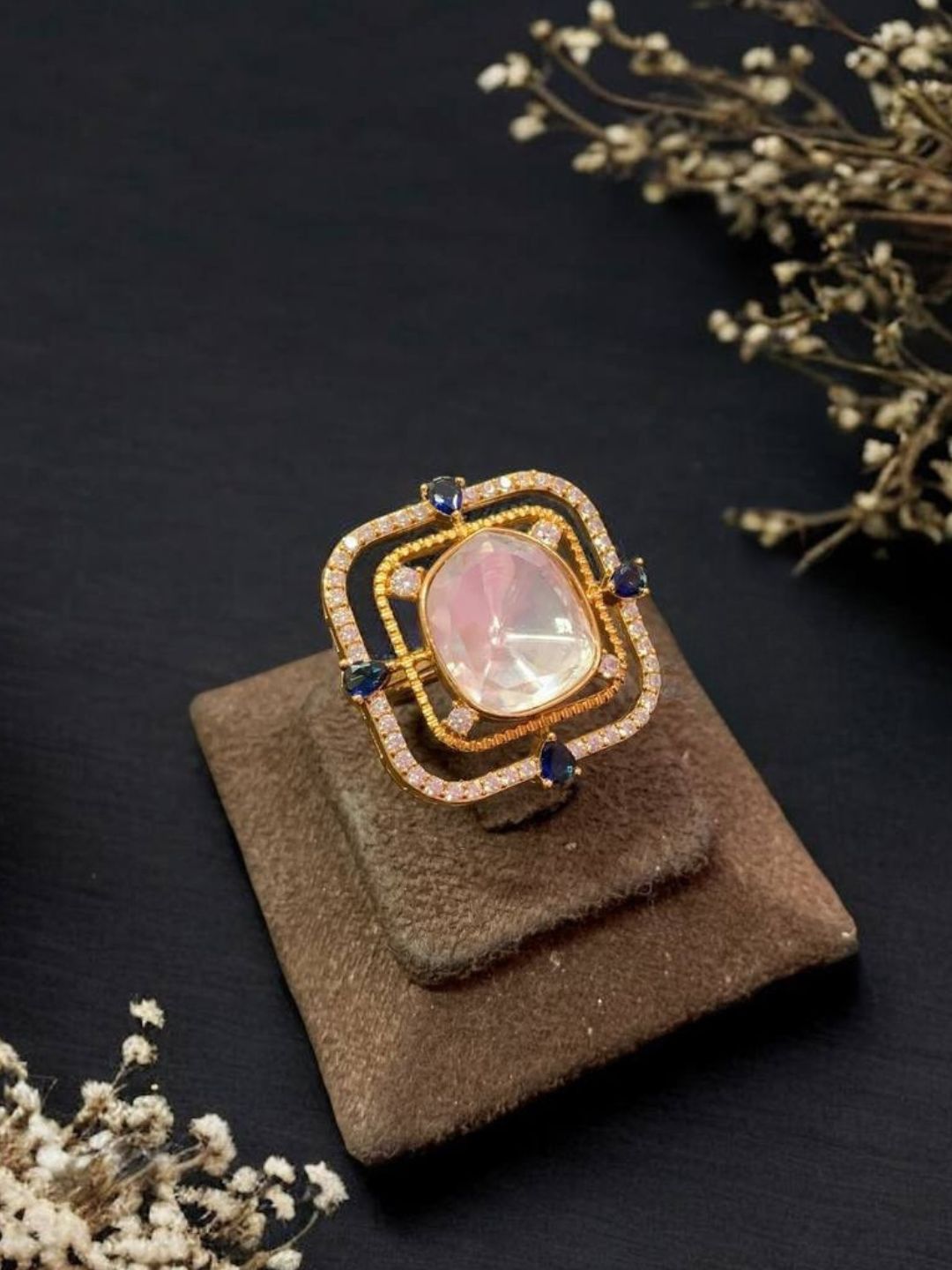 Ishhaara Gold Finish Kundan Polki Adjustable Ring
