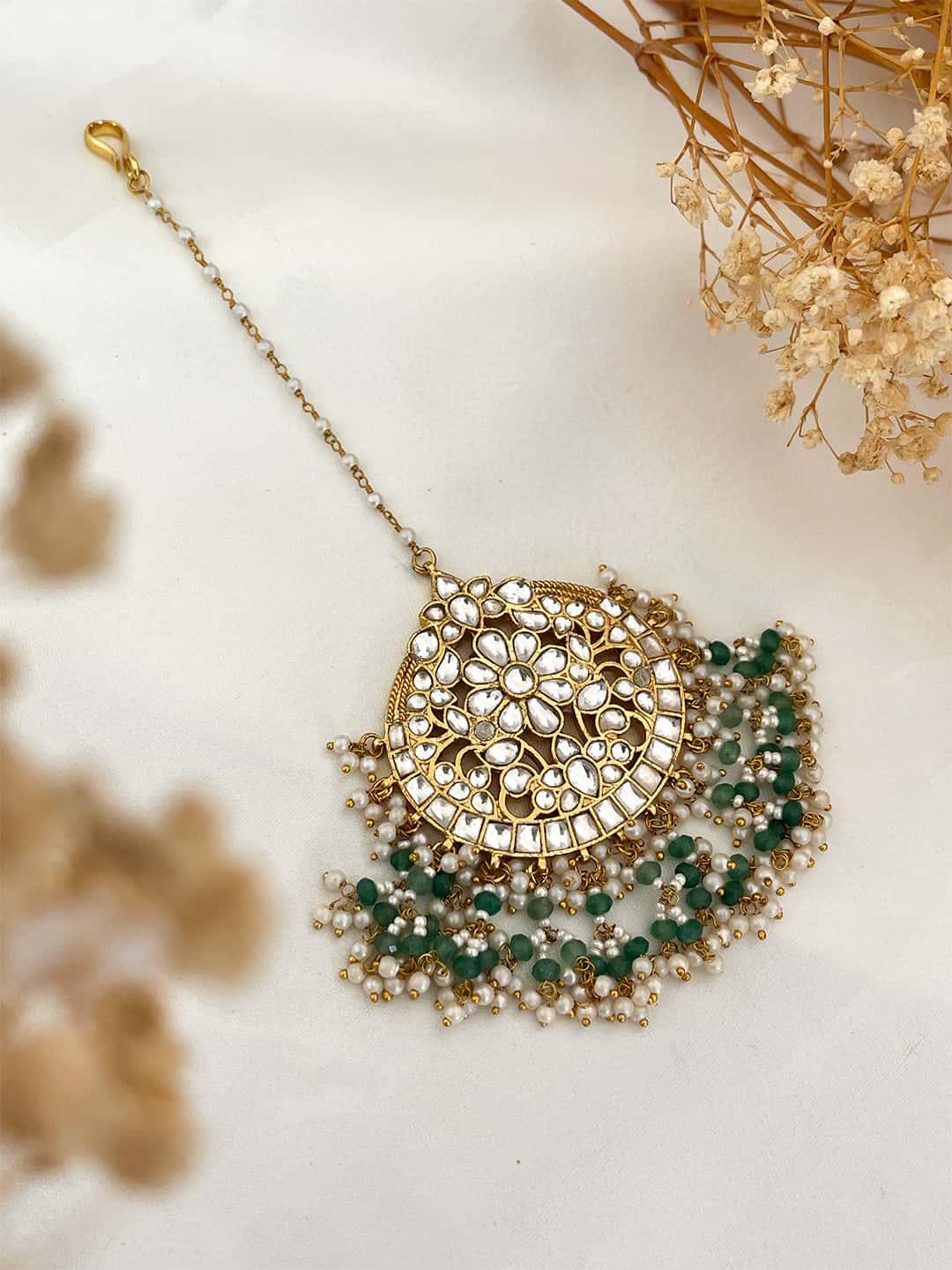 Ishhaara Gold Finish Kundan Polki And Green Beaded Maangtikka