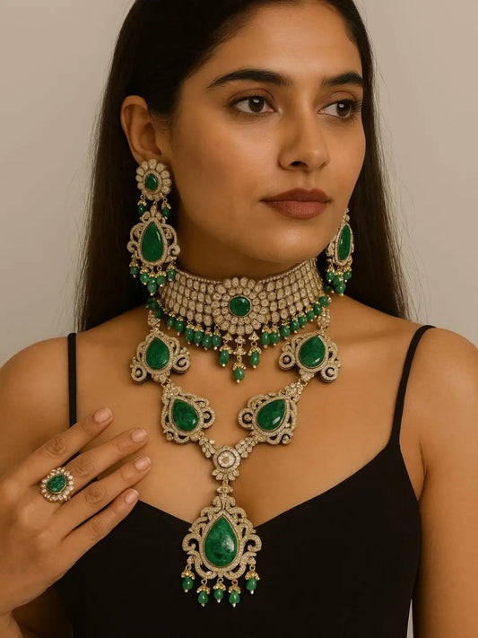 Ishhaara Gold Finish Kundan Polki And Green Stone Necklace Set