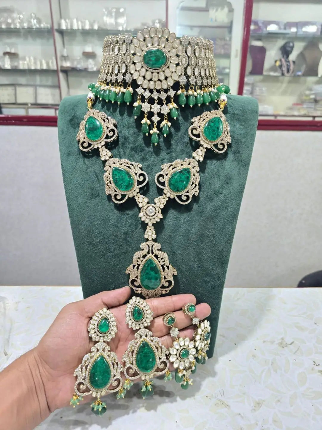 Ishhaara Gold Finish Kundan Polki And Green Stone Necklace Set