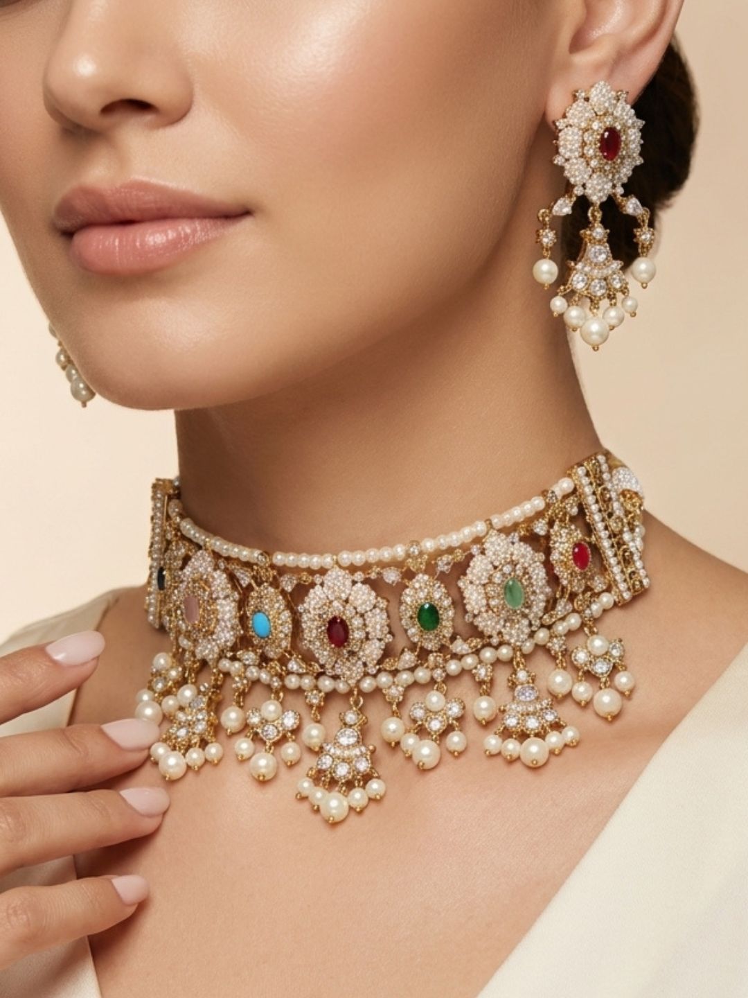 Ishhaara Gold Finish Kundan Polki And Navratna Stone Choker