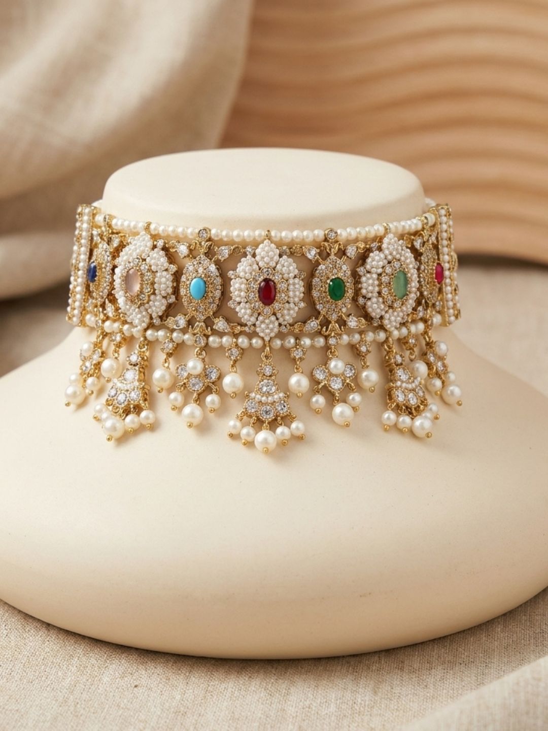 Ishhaara Gold Finish Kundan Polki And Navratna Stone Choker