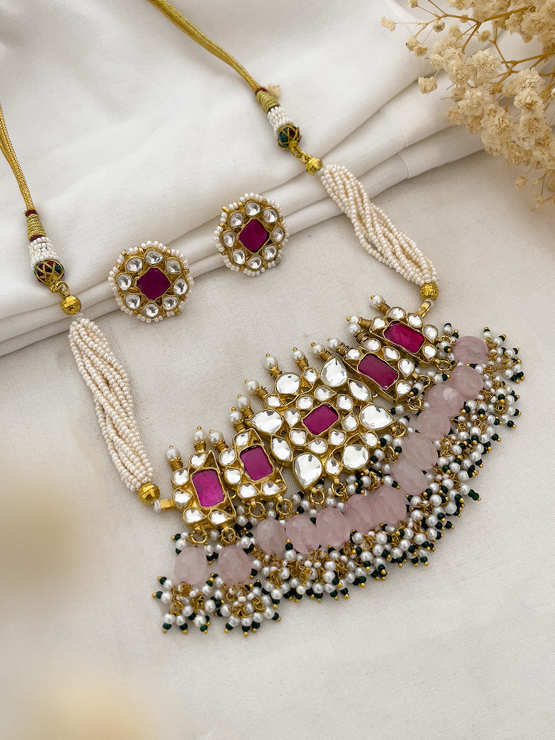 Ishhaara Gold Finish Kundan Polki And Pink Stone Choker Necklace Set