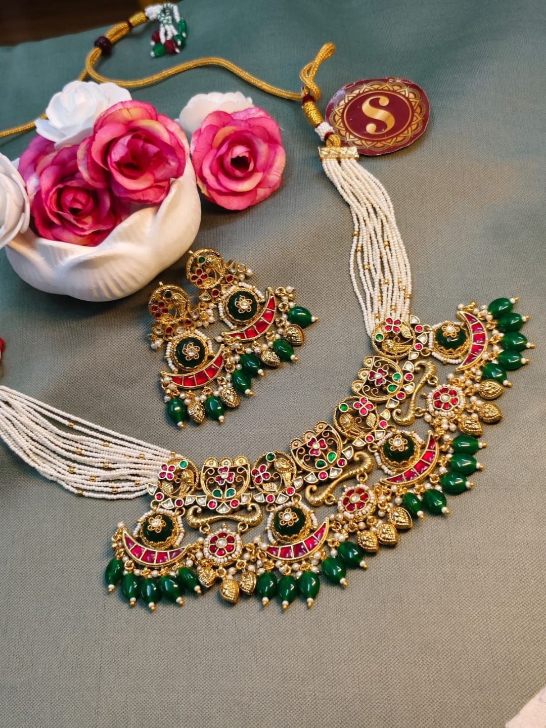 Ishhaara Gold Finish Kundan Polki And Ruby Temple Necklace Set