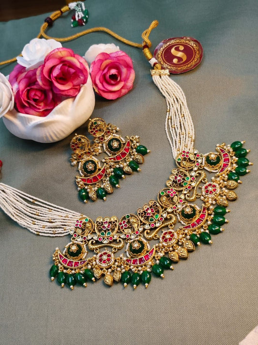 Ishhaara Gold Finish Kundan Polki And Ruby Temple Necklace Set
