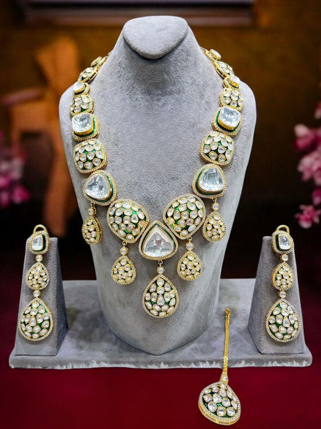 Ishhaara Gold Finish Kundan Polki Enameled Necklace Set