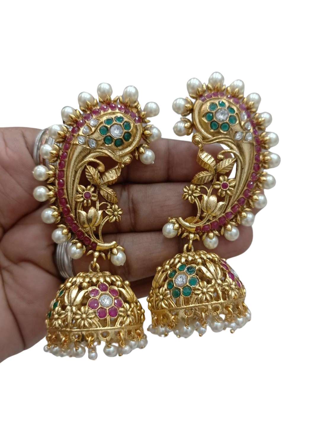 Ishhaara Gold Finish Kundan Polki Temple Jhumka Earrings