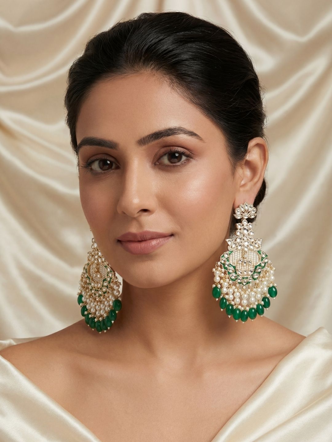 Ishhaara Gold Finish Mint Green Stone Chandbali Earrings