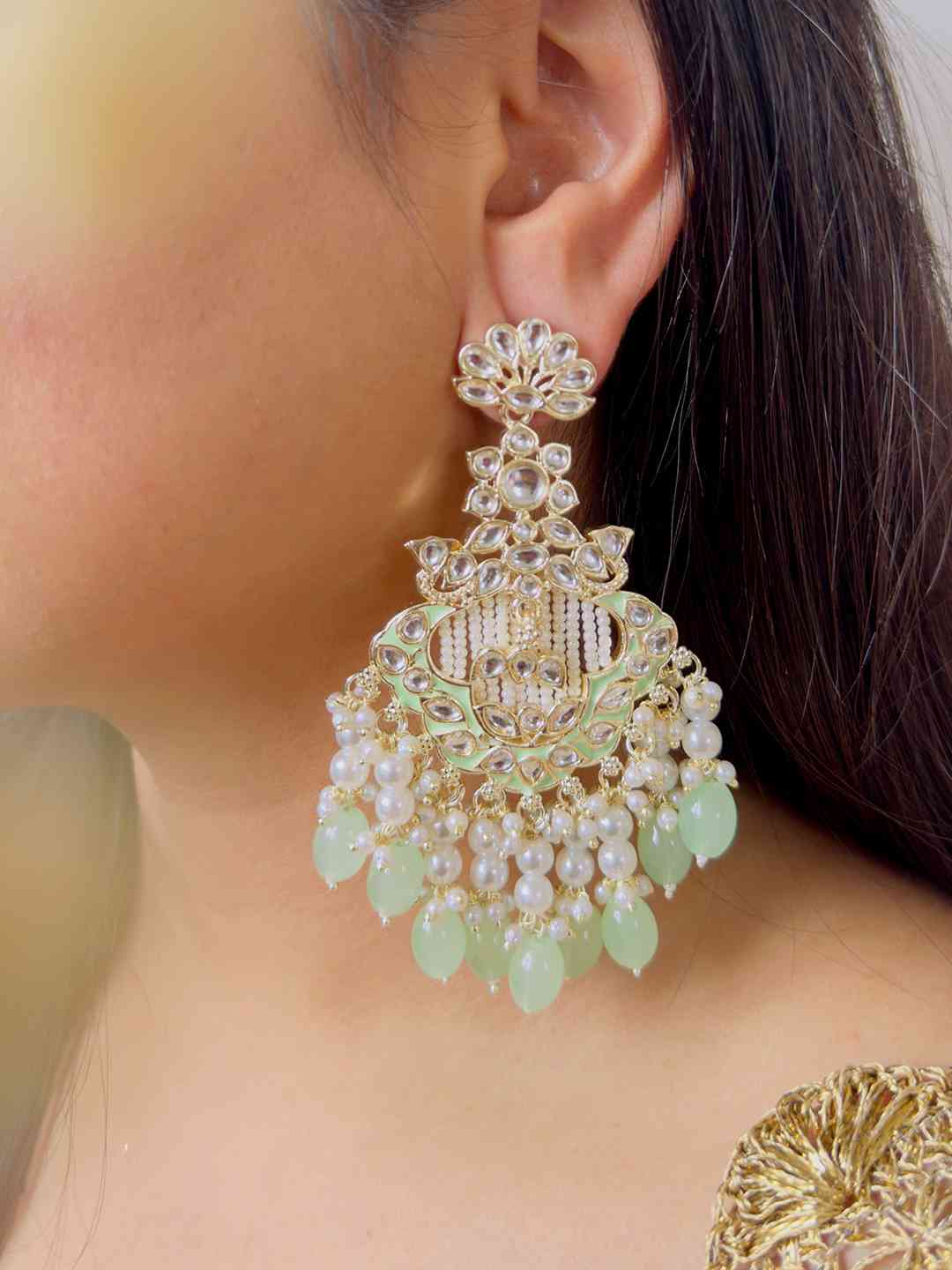 Ishhaara Gold Finish Mint Green Stone Chandbali Earrings