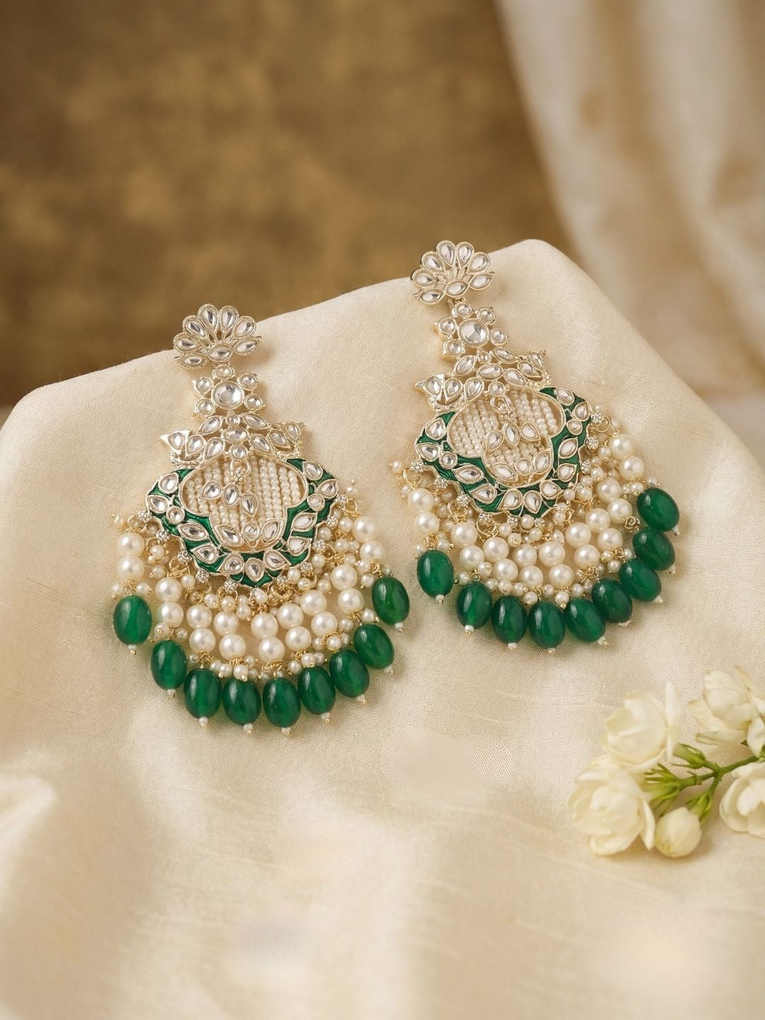 Ishhaara Gold Finish Mint Green Stone Chandbali Earrings