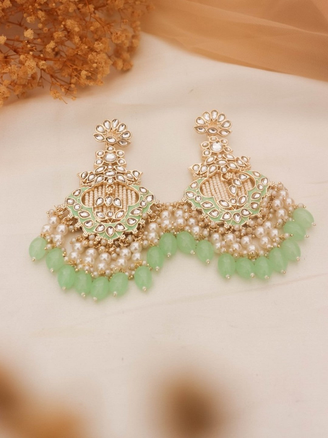 Ishhaara Gold Finish Mint Green Stone Chandbali Earrings