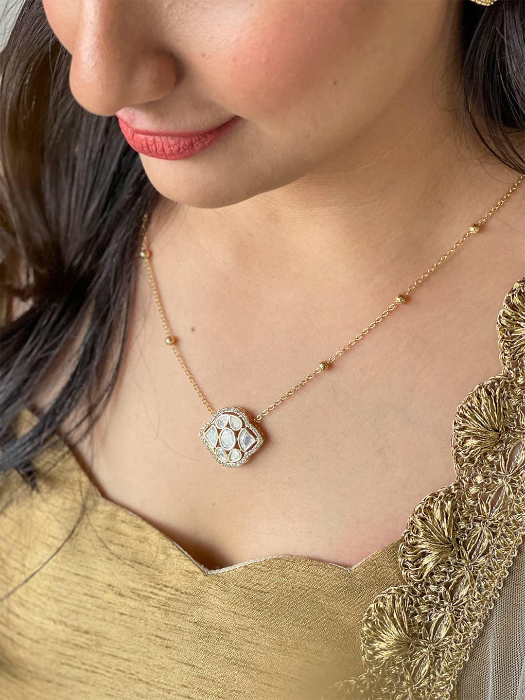 Ishhaara Gold Finish Moissanite Polki Pendant Necklace