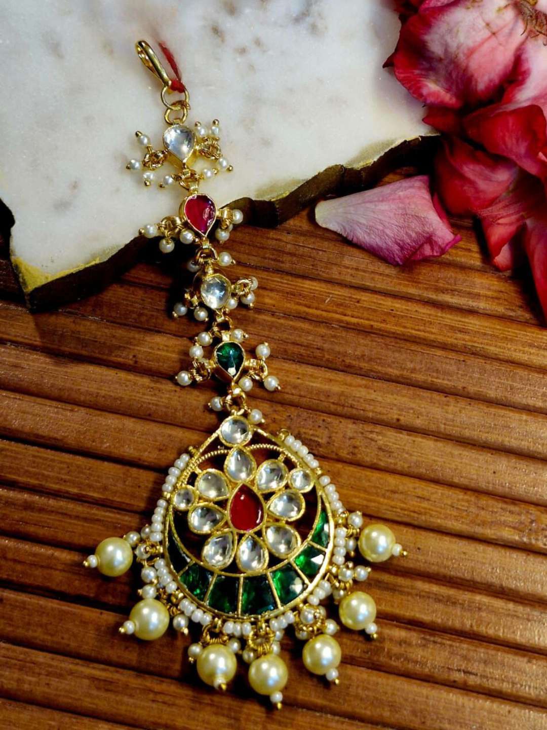 Ishhaara Gold Finish Multi-Colored Kundan Polki And Pearl Maangtikka