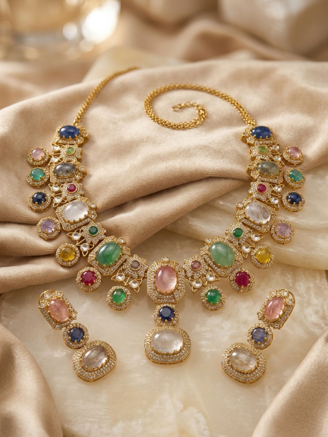 Ishhaara Gold Finish Multi-Colored Stone Necklace Set