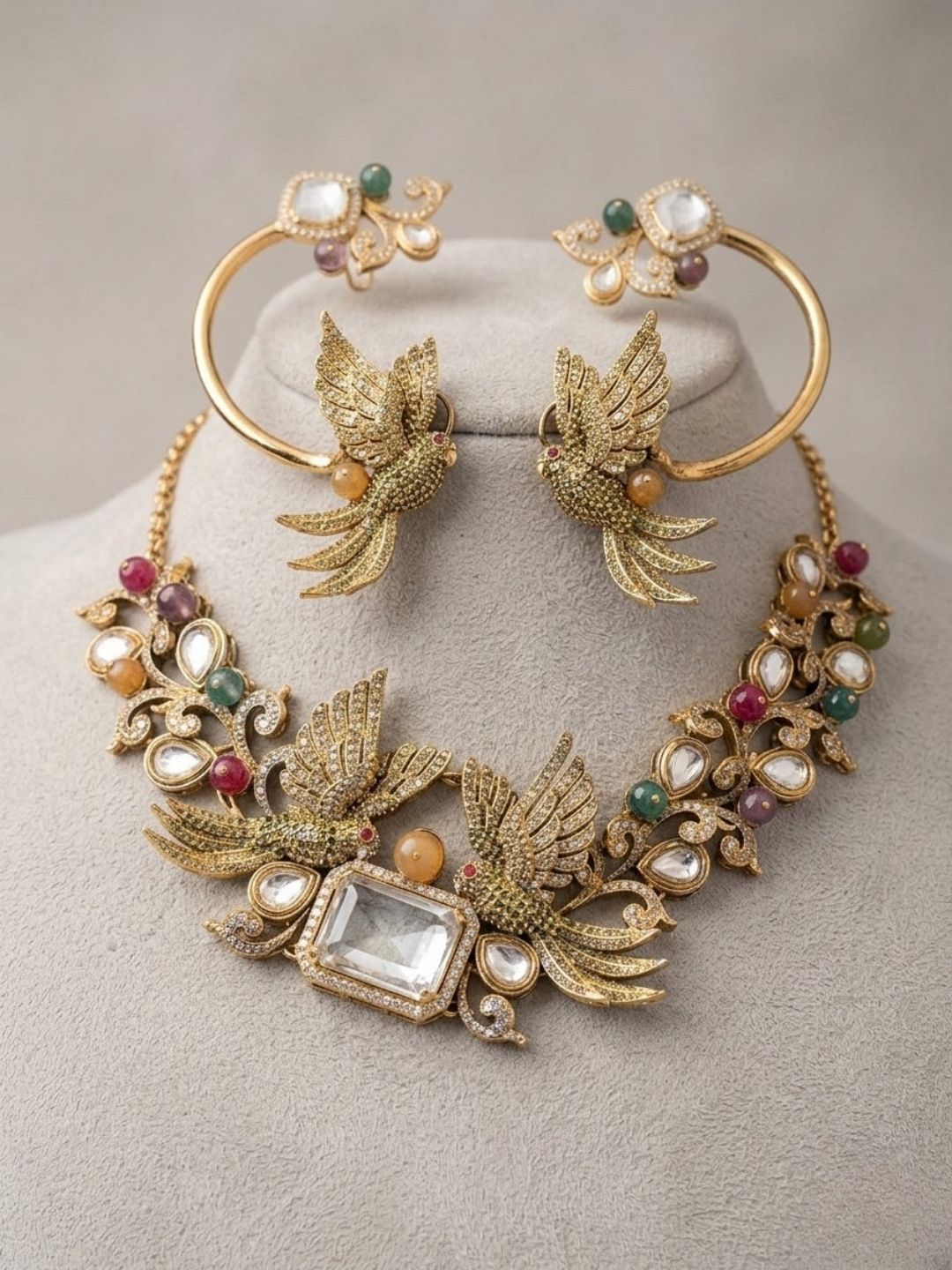 Ishhaara Gold Finish Multicolored Stone And Pearl Choker Necklace Set