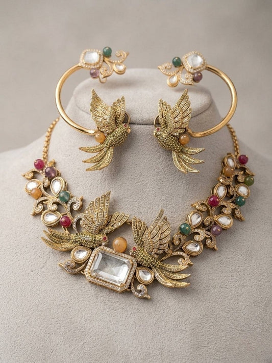 Ishhaara Gold Finish Multicolored Stone And Pearl Choker Necklace Set