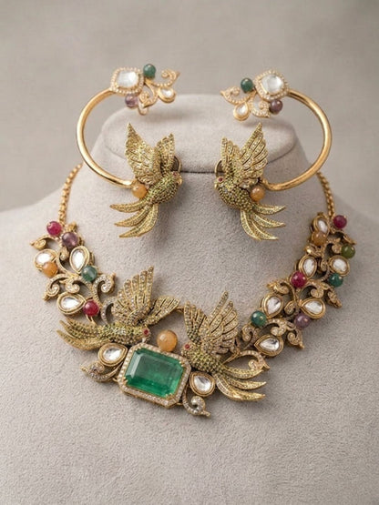 Ishhaara Gold Finish Multicolored Stone And Pearl Choker Necklace Set