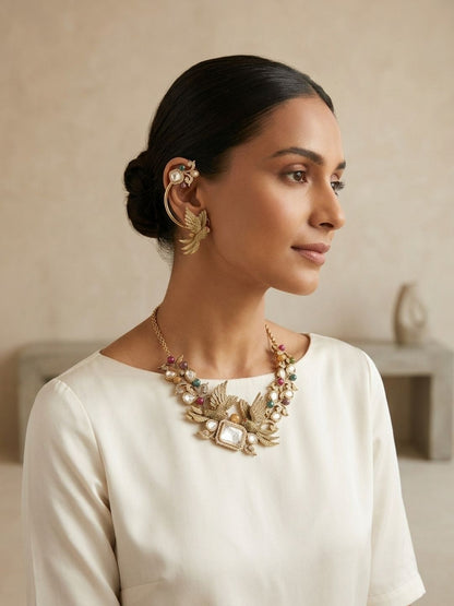 Ishhaara Gold Finish Multicolored Stone And Pearl Choker Necklace Set