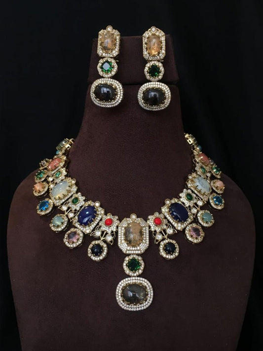 Ishhaara Gold Finish Multicolored Stone Necklace Set