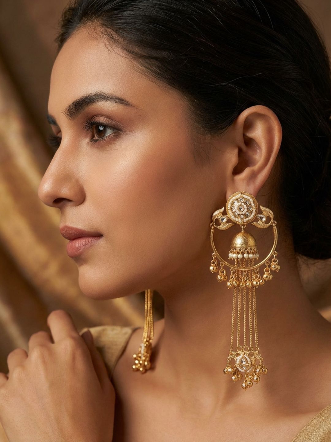Ishhaara Gold Finish Ornate Chandbali Earrings
