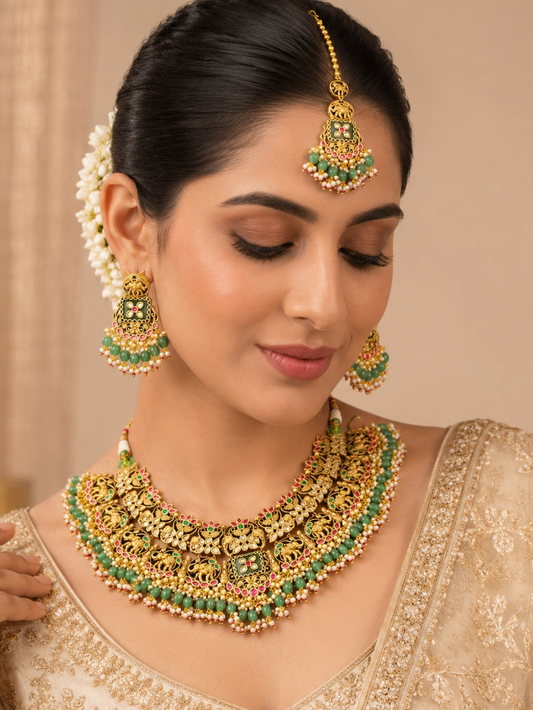 Ishhaara Gold Finish Pachi Kundan Polki And Emerald Drop Necklace Set