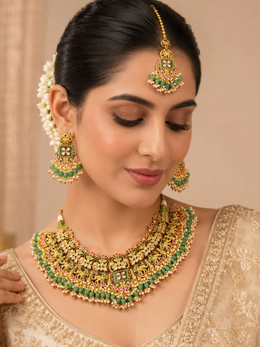 Ishhaara Gold Finish Pachi Kundan Polki And Emerald Drop Necklace Set