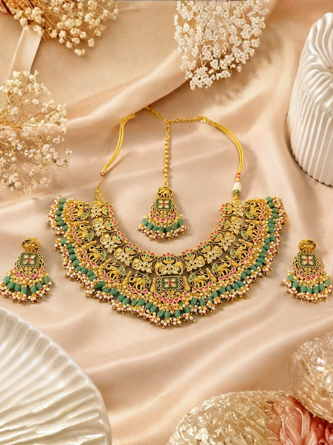 Ishhaara Gold Finish Pachi Kundan Polki And Emerald Drop Necklace Set