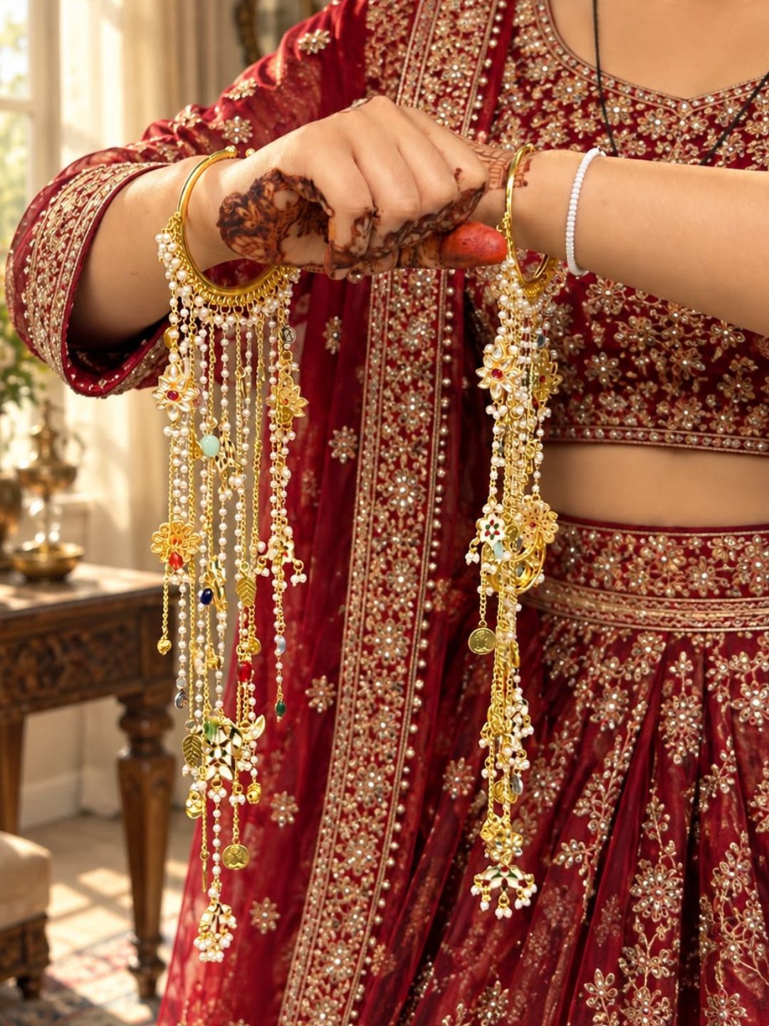 Ishhaara Gold Finish Pearl And Hanging Charm Kaleera