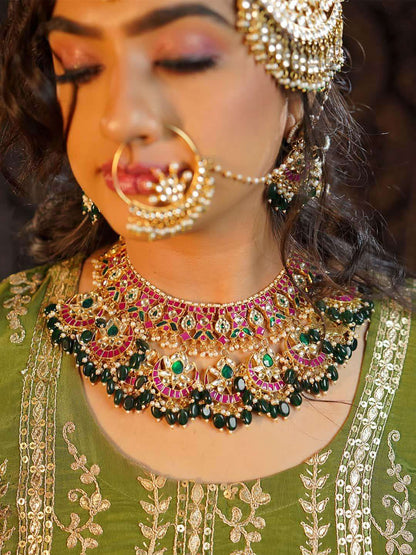 Ishhaara Gold Finish Pink And Green Kundan Polki Choker Necklace Set
