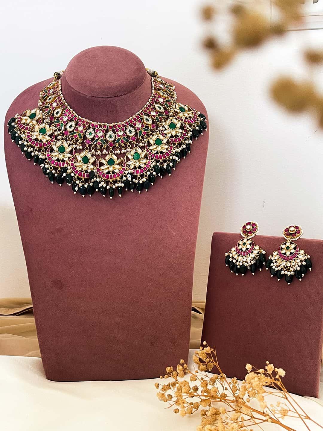Ishhaara Gold Finish Pink And Green Kundan Polki Choker Necklace Set