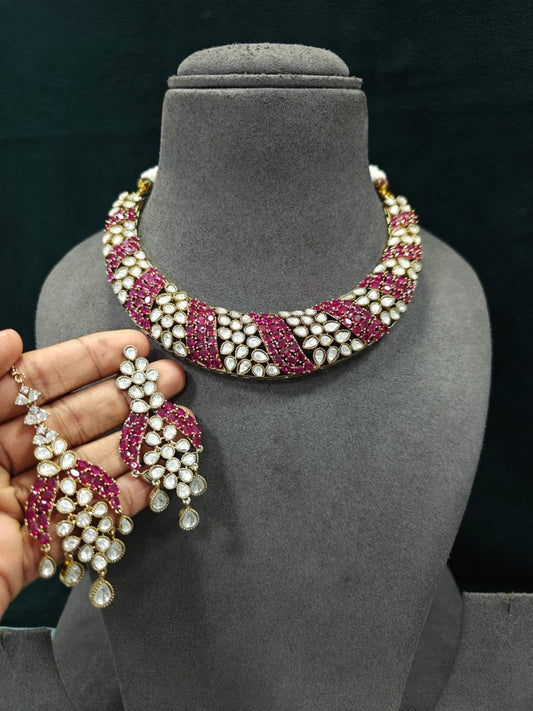 Ishhaara Gold Finish Pink Kundan Polki Necklace Set