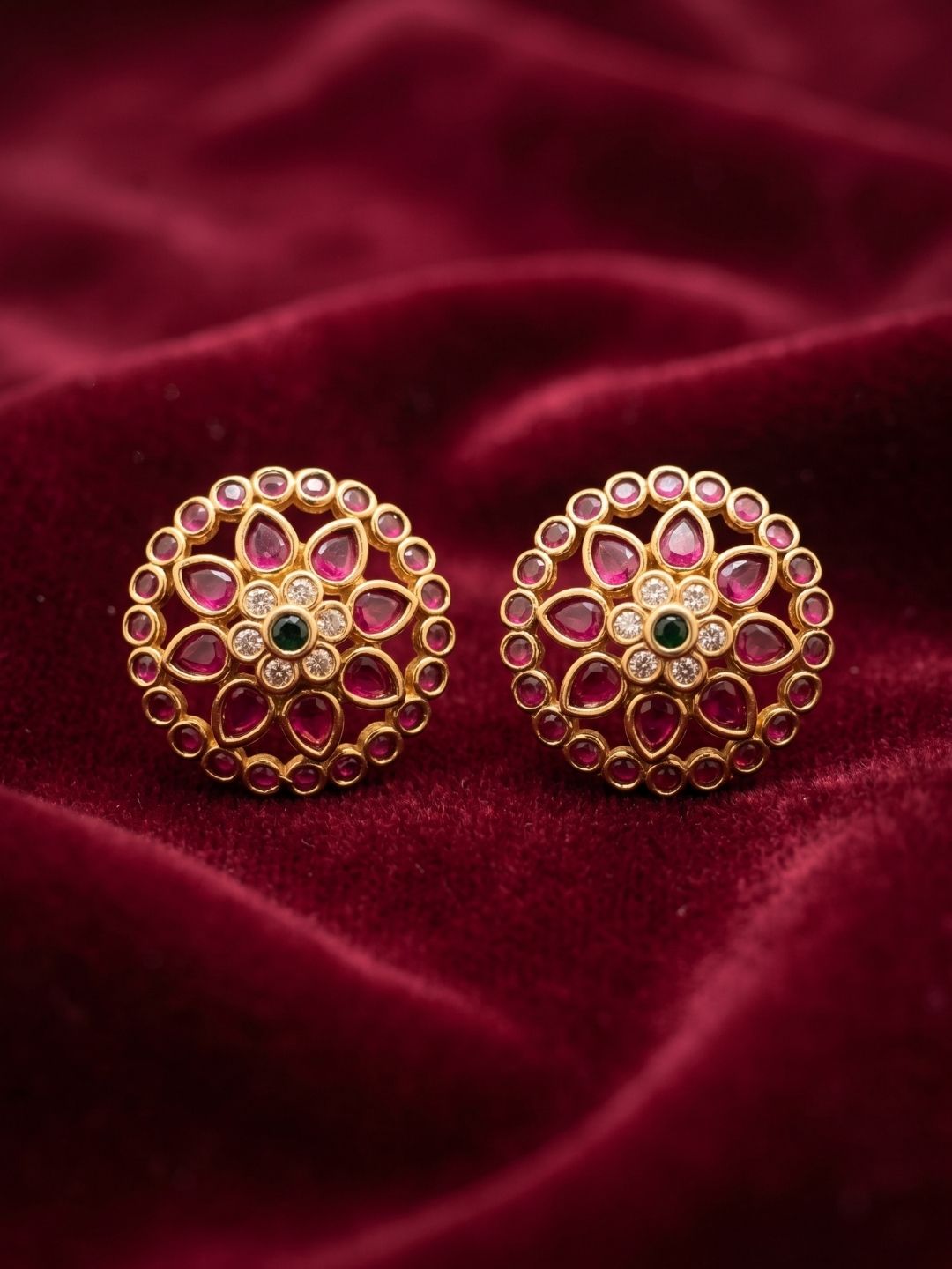 Ishhaara Gold Finish Red Kundan Polki Earrings