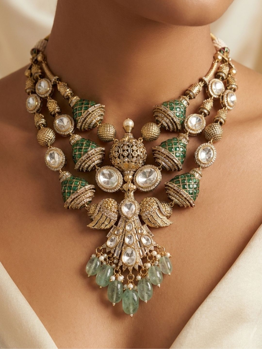 Ishhaara Gold Finish Uncut Polki And Emerald Layered Necklace Set
