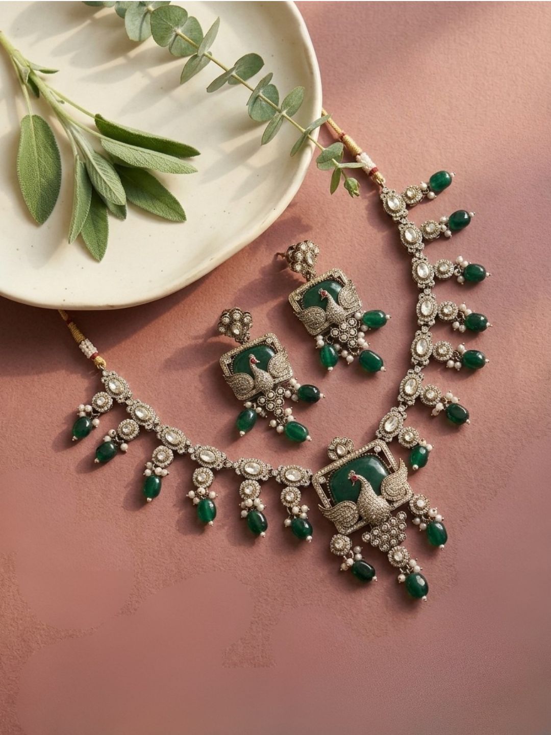 Ishhaara Gold Finish Zircon And Green Stone Necklace