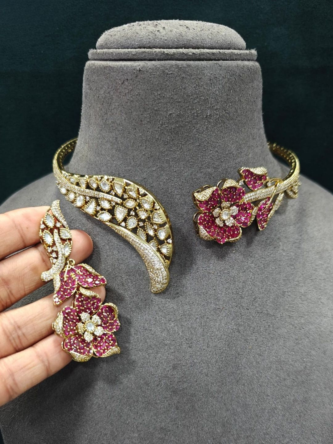 Ishhaara Gold Finish Zircon And Ruby Stone Choker Necklace Set