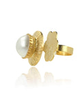 Ishhaara Gold Flower Pearl Adjustable Ring