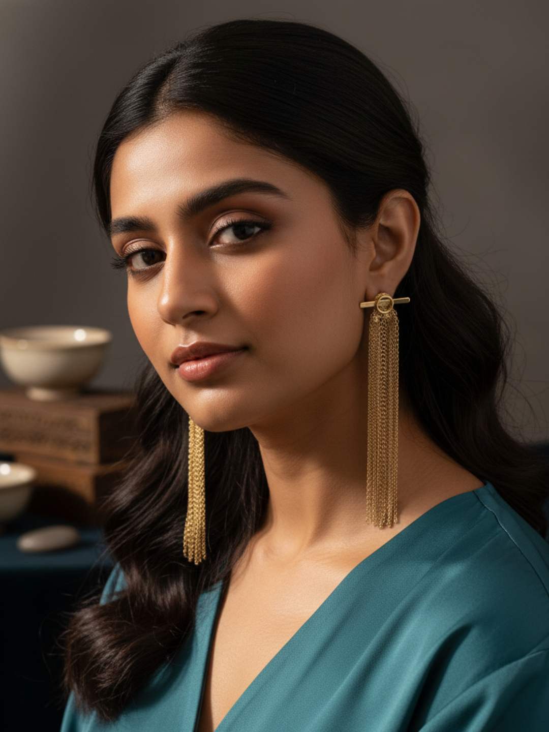 Ishhaara Gold Fringe Clip On Earrings