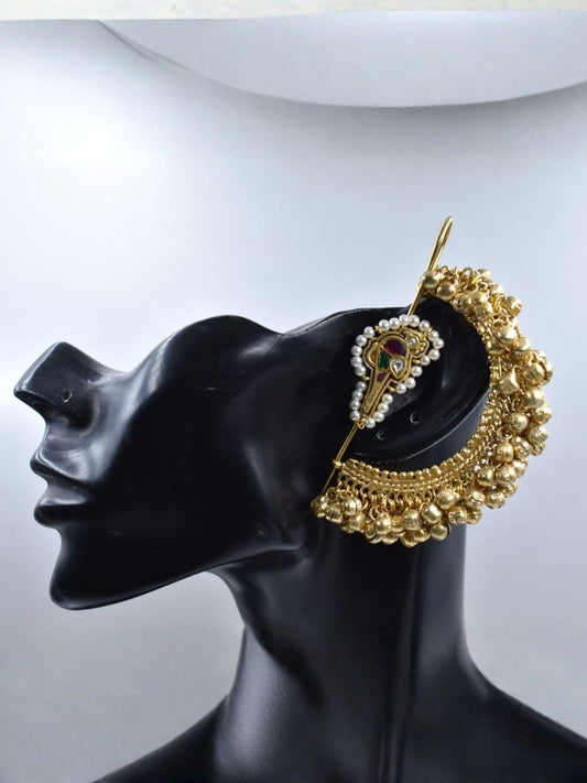 Gold Jadau Ear Cuff with Pearl & Emerald Kundan Detail - view 2