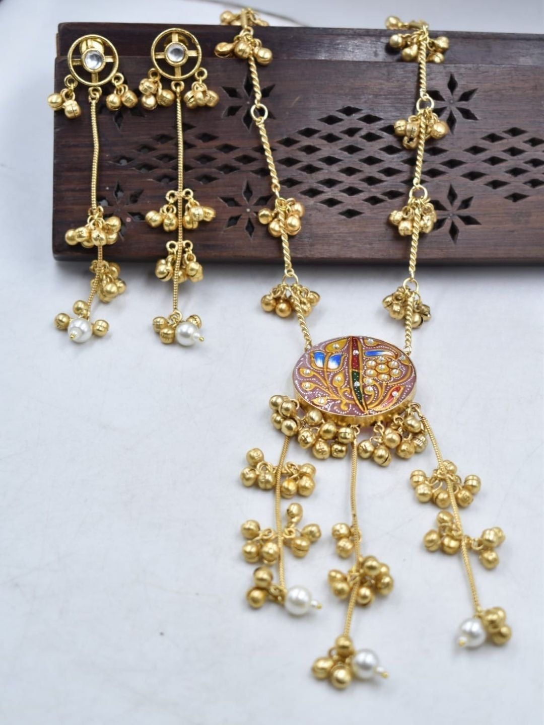 Gold Jadau Meenakari Ghungroo Necklace & Jhumka Earring Set - Blue
