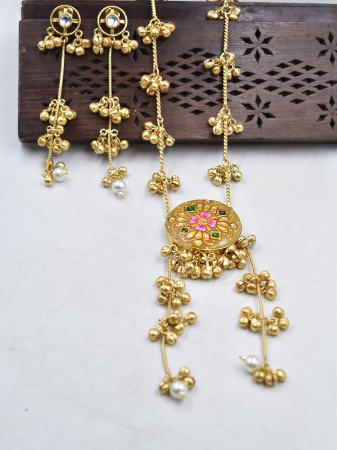 Gold Jadau Meenakari Ghungroo Necklace & Jhumka Earring Set - Pink Floral