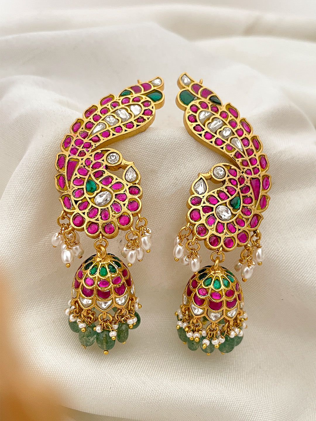 Ishhaara Gold Kemp Ruby Peacock Jhumka Design