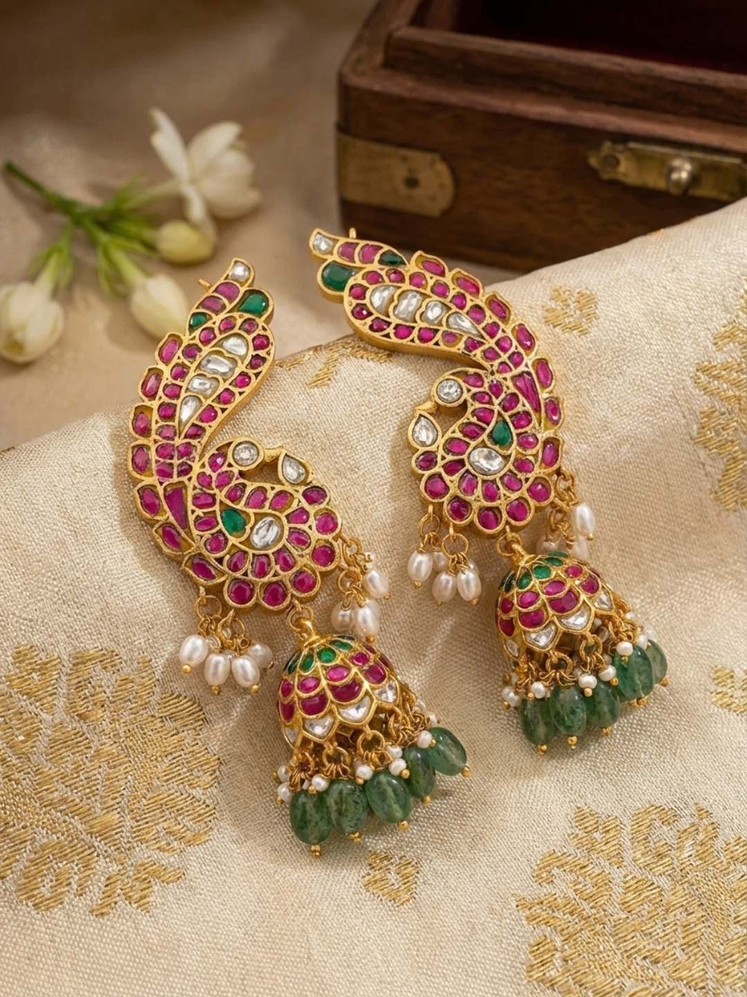 Ishhaara Gold Kemp Ruby Peacock Jhumka Design